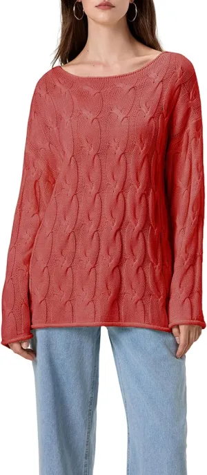 Women's Cable Knitted Sweaters Hollow Long Sleeve Scoop Neck Loose Fall Pullovers