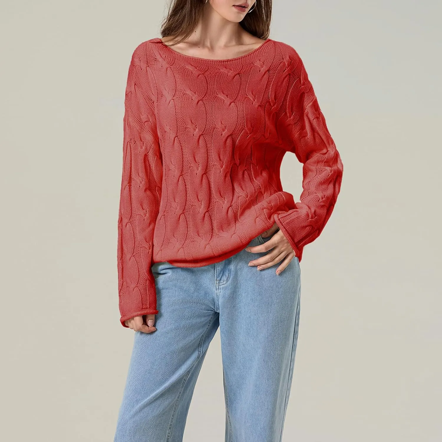 Women's Cable Knitted Sweaters Hollow Long Sleeve Scoop Neck Loose Fall Pullovers