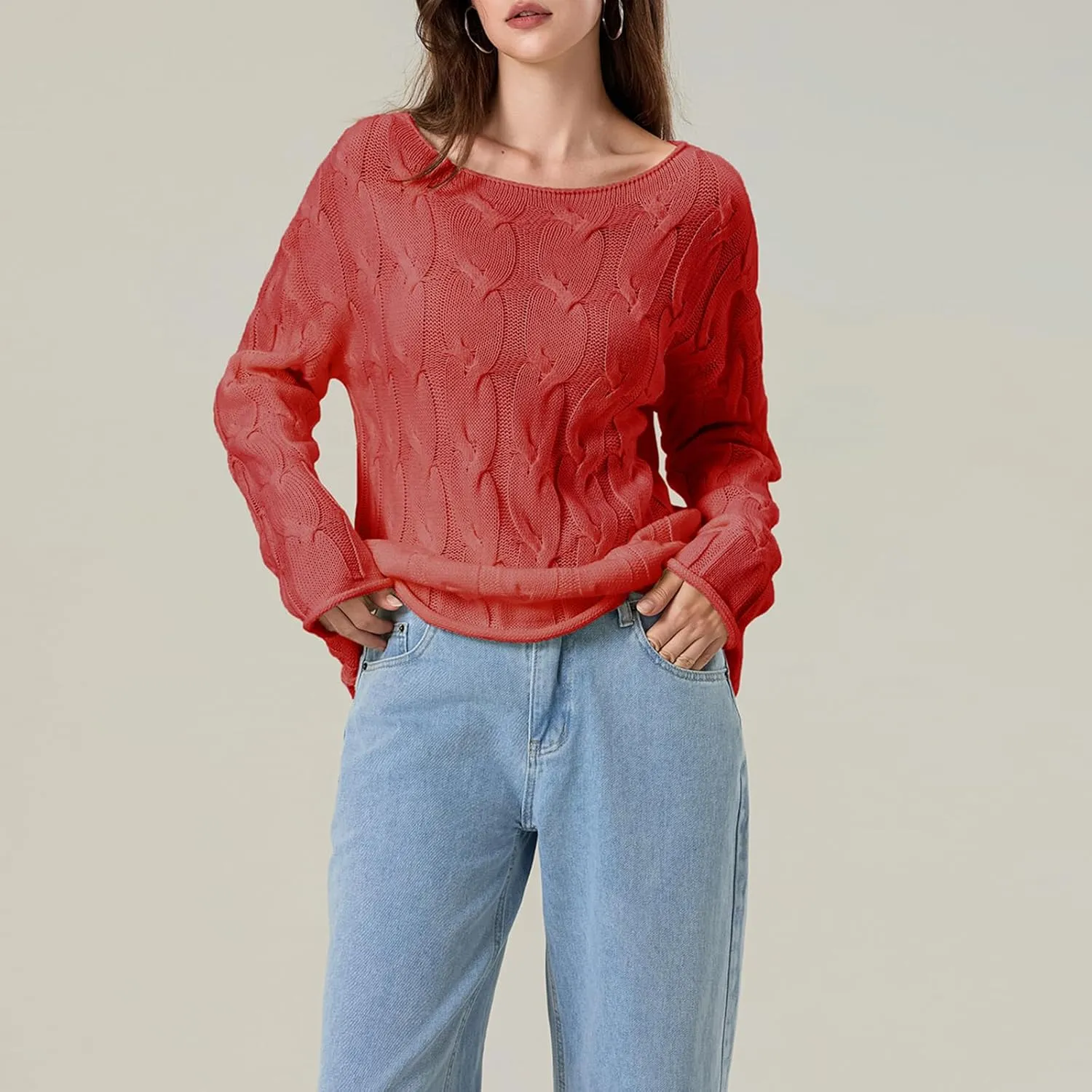 Women's Cable Knitted Sweaters Hollow Long Sleeve Scoop Neck Loose Fall Pullovers