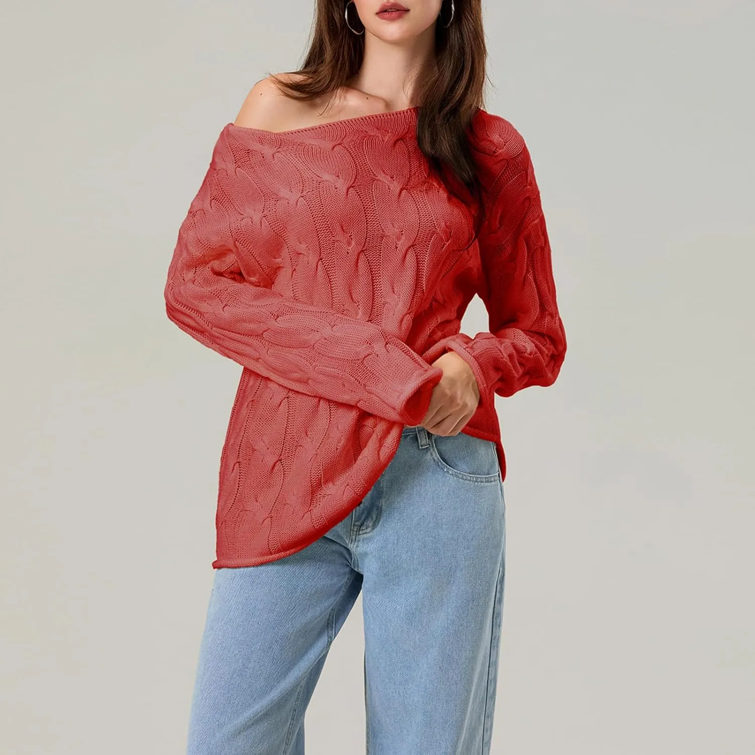 Women's Cable Knitted Sweaters Hollow Long Sleeve Scoop Neck Loose Fall Pullovers