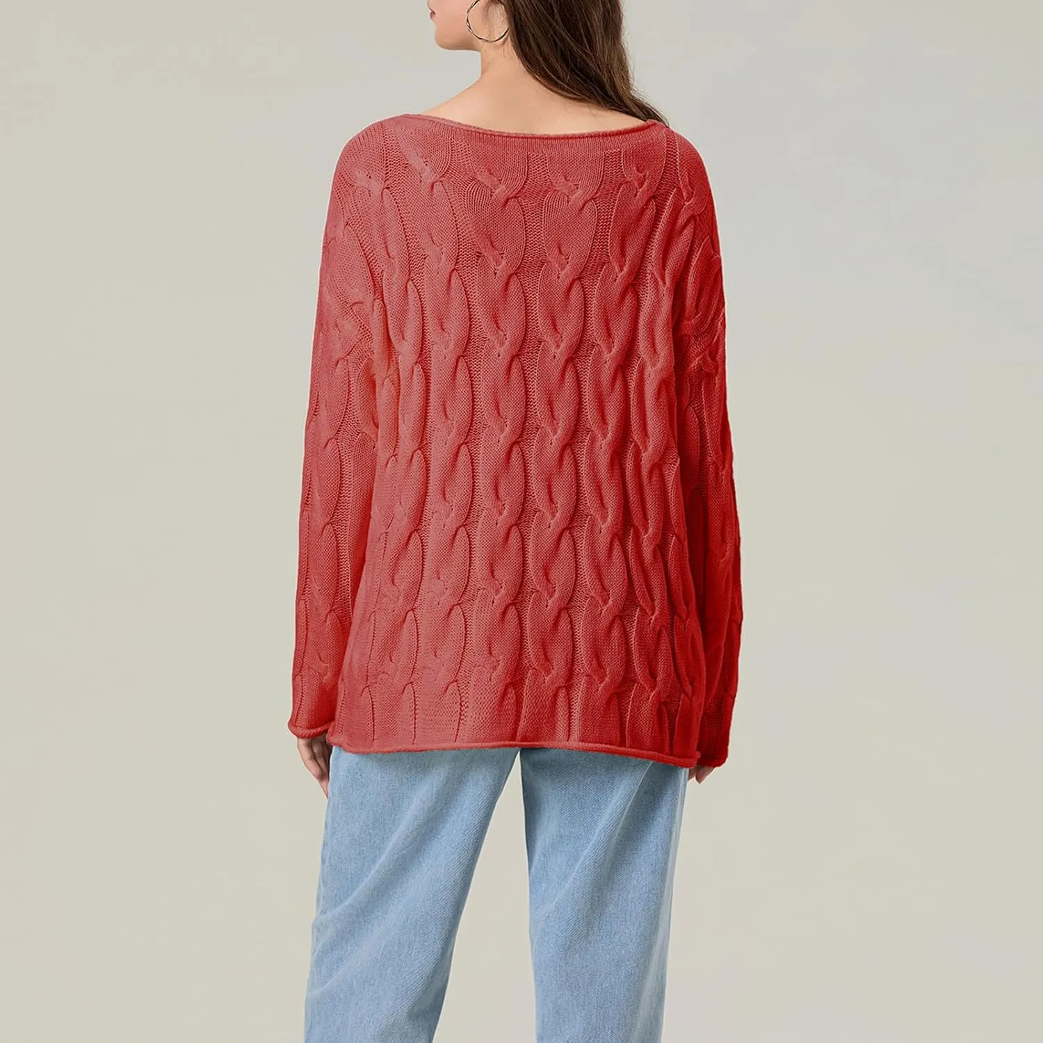 Women's Cable Knitted Sweaters Hollow Long Sleeve Scoop Neck Loose Fall Pullovers