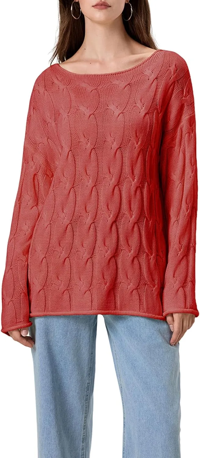 Women's Cable Knitted Sweaters Hollow Long Sleeve Scoop Neck Loose Fall Pullovers