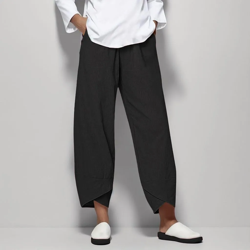 Womens Capri Linen Pants Casual Summer Baggy Wide Leg Beach Pants Elastic High Waist Palazzo Lounge Cropped Trousers