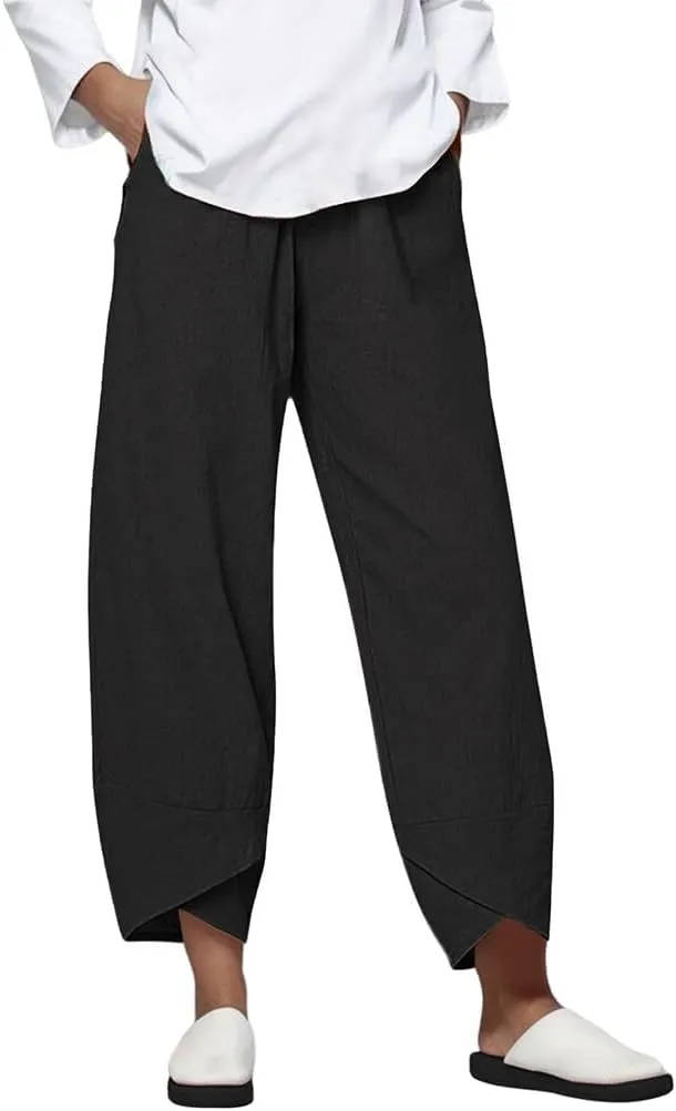 Womens Capri Linen Pants Casual Summer Baggy Wide Leg Beach Pants Elastic High Waist Palazzo Lounge Cropped Trousers