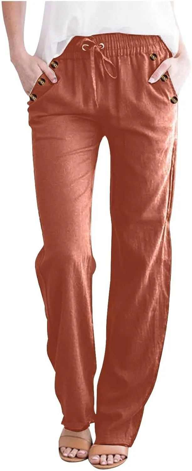 Womens Casual Cotton Linen Pants Summer Relaxed Fit Elastic Waist Plus Size Solid Lounge Long Trousers with Pockets