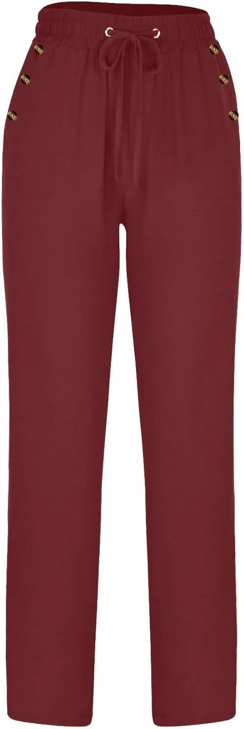 Womens Casual Cotton Linen Pants Summer Relaxed Fit Elastic Waist Plus Size Solid Lounge Long Trousers with Pockets