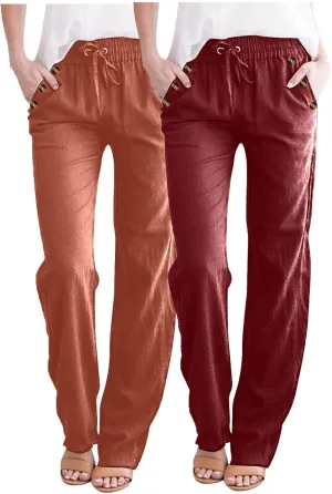 Womens Casual Cotton Linen Pants Summer Relaxed Fit Elastic Waist Plus Size Solid Lounge Long Trousers with Pockets