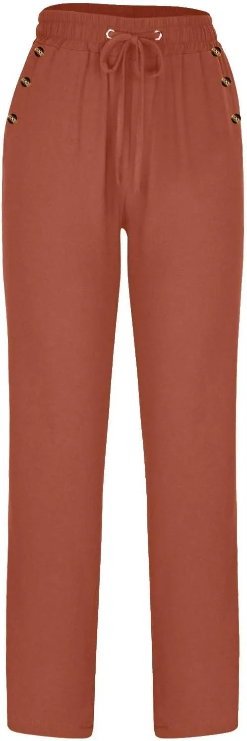 Womens Casual Cotton Linen Pants Summer Relaxed Fit Elastic Waist Plus Size Solid Lounge Long Trousers with Pockets