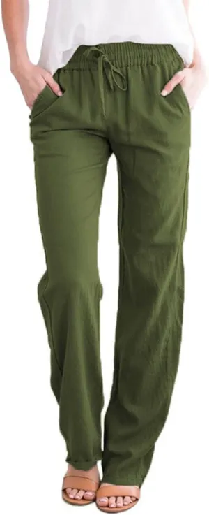Women's Casual Linen Pants Loose Straight Leg Pants Summer Lightweight Pants Drawstring Waist Pants Lounge Trousers