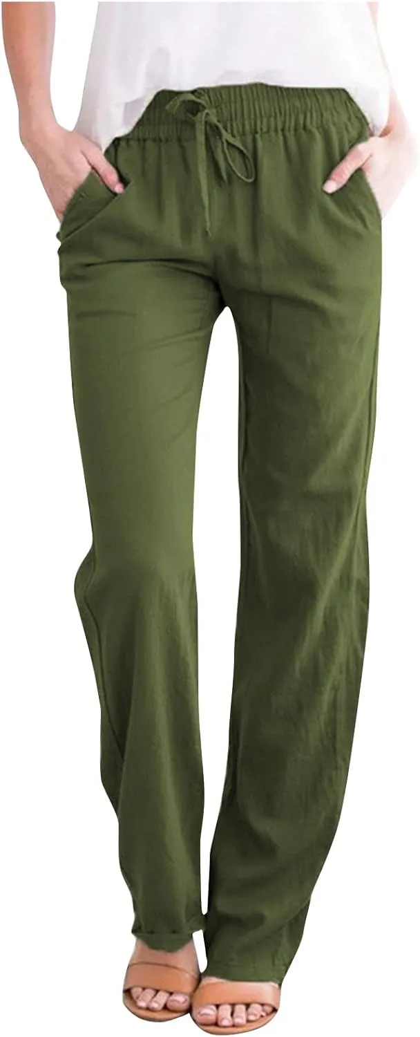 Women's Casual Linen Pants Loose Straight Leg Pants Summer Lightweight Pants Drawstring Waist Pants Lounge Trousers