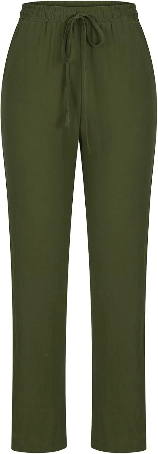 Women's Casual Linen Pants Loose Straight Leg Pants Summer Lightweight Pants Drawstring Waist Pants Lounge Trousers