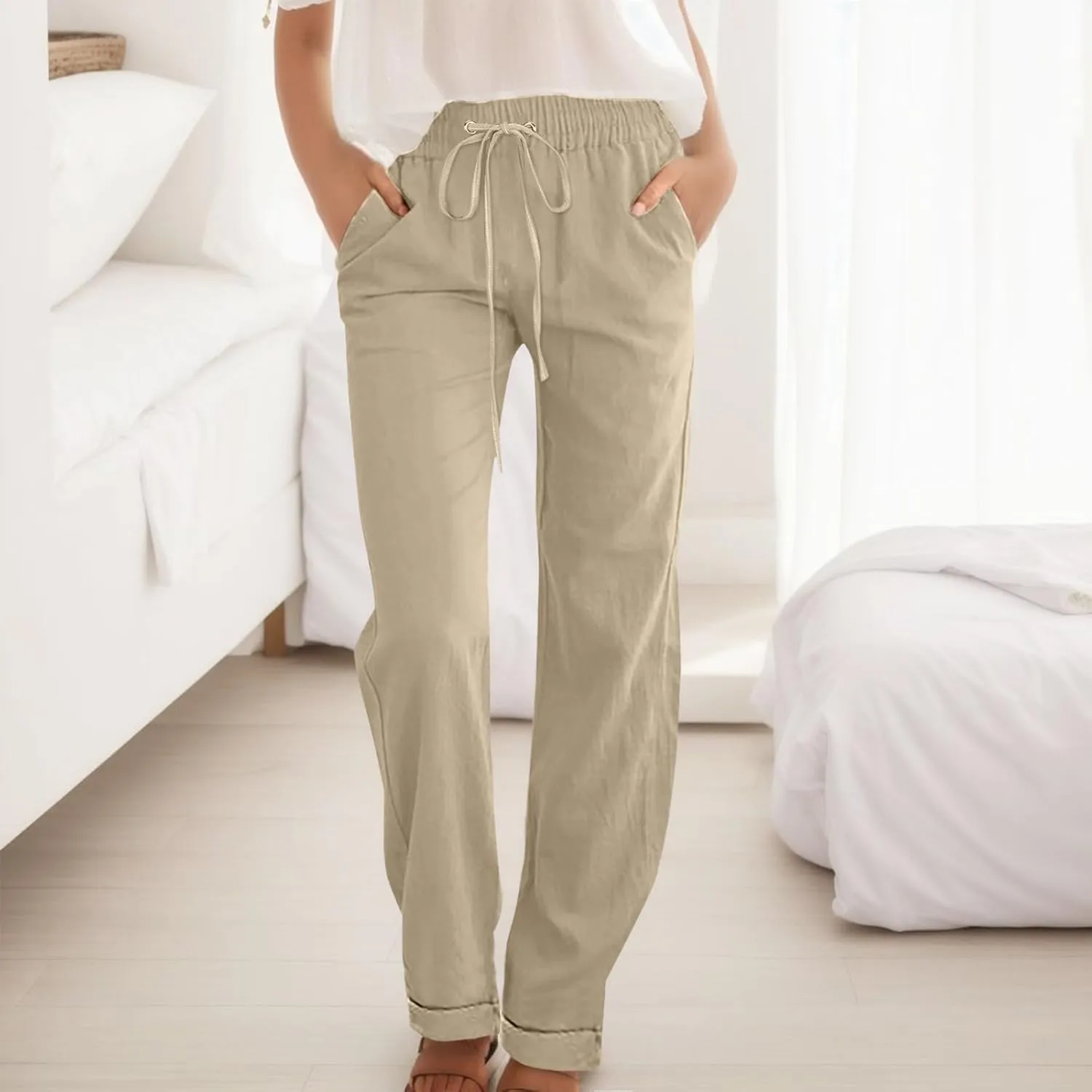 Womens Casual Pants Straight Leg Drawstring Elastic High Waist Loose Trousers Summer Casual Breathable Pants with Pockets
