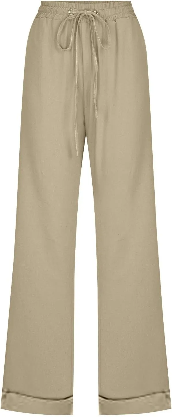 Womens Casual Pants Straight Leg Drawstring Elastic High Waist Loose Trousers Summer Casual Breathable Pants with Pockets
