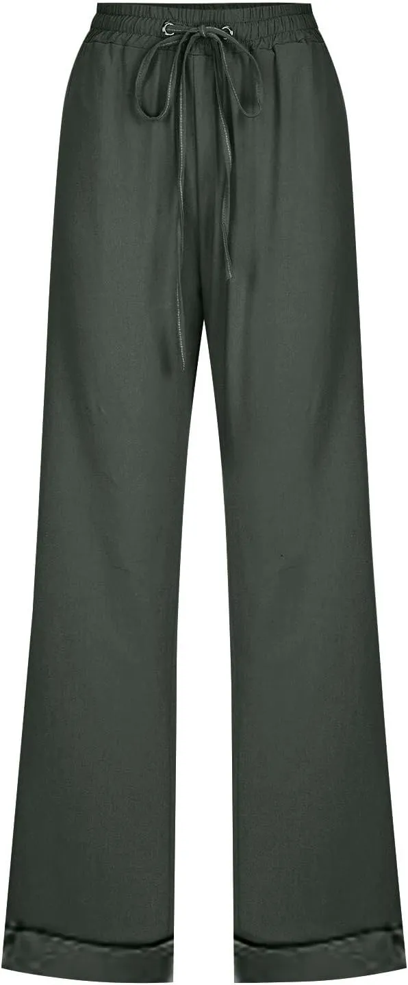Womens Casual Pants Straight Leg Drawstring Elastic High Waist Loose Trousers Summer Casual Breathable Pants with Pockets