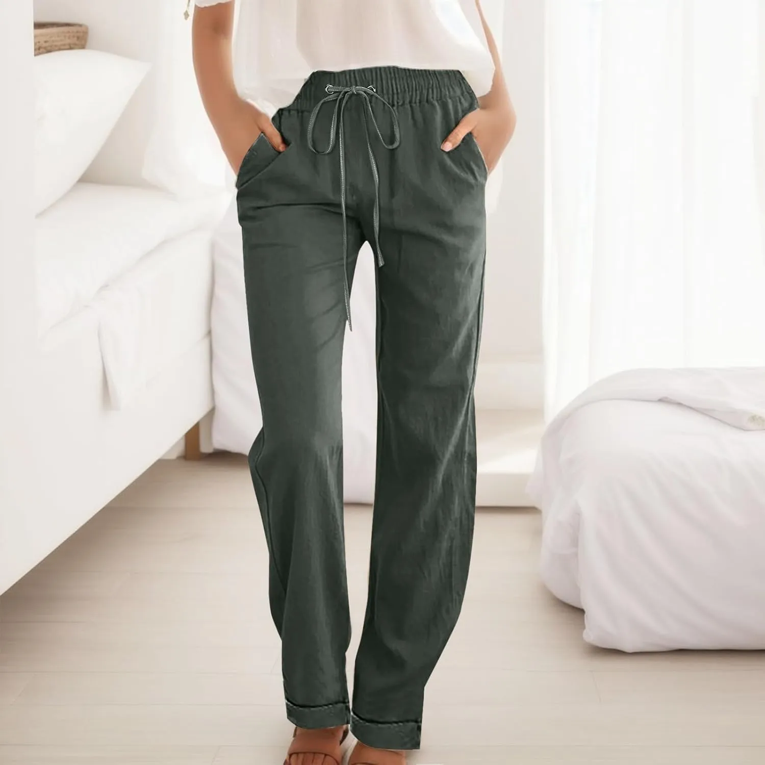 Womens Casual Pants Straight Leg Drawstring Elastic High Waist Loose Trousers Summer Casual Breathable Pants with Pockets