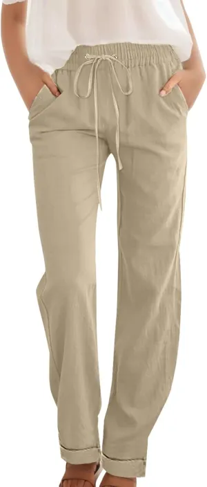 Womens Casual Pants Straight Leg Drawstring Elastic High Waist Loose Trousers Summer Casual Breathable Pants with Pockets