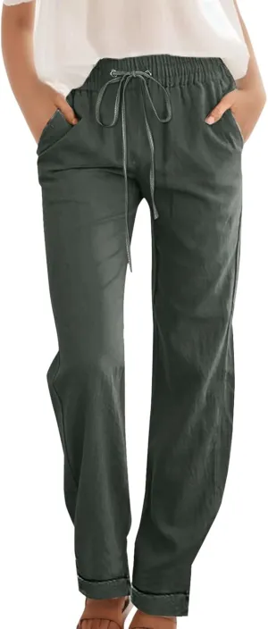 Womens Casual Pants Straight Leg Drawstring Elastic High Waist Loose Trousers Summer Casual Breathable Pants with Pockets