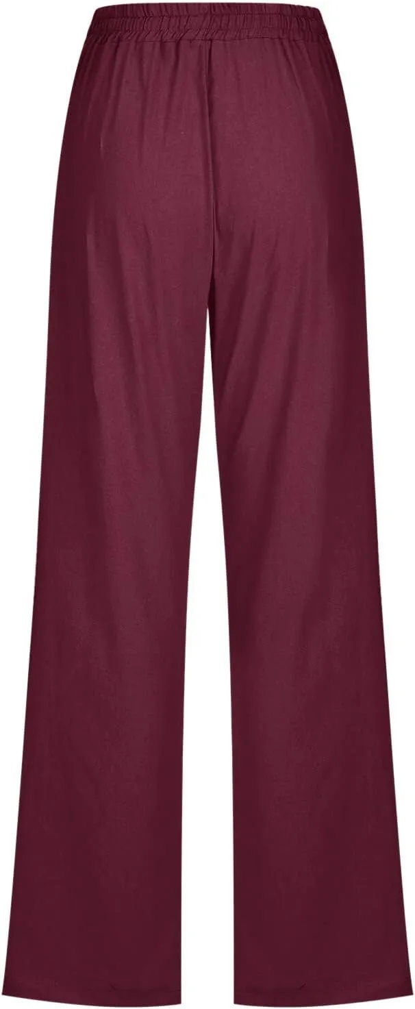Womens Cotton Linen Casual Pants Straight Leg Drawstring Casual Elastic High Waist Loose Comfy Palazzo Trousers with Pockets