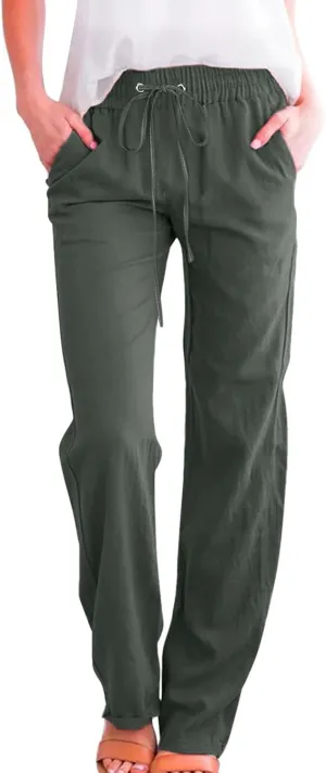 Womens Cotton Linen Casual Pants Straight Leg Drawstring Casual Elastic High Waist Loose Comfy Palazzo Trousers with Pockets