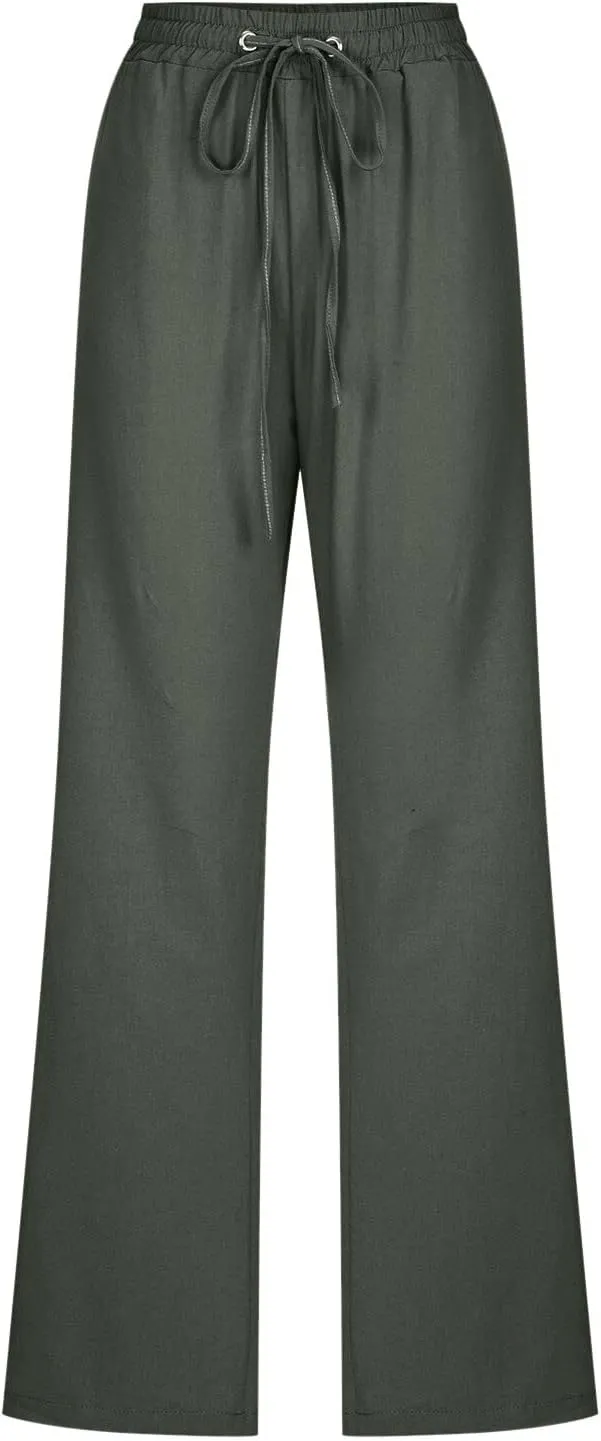 Womens Cotton Linen Casual Pants Straight Leg Drawstring Casual Elastic High Waist Loose Comfy Palazzo Trousers with Pockets