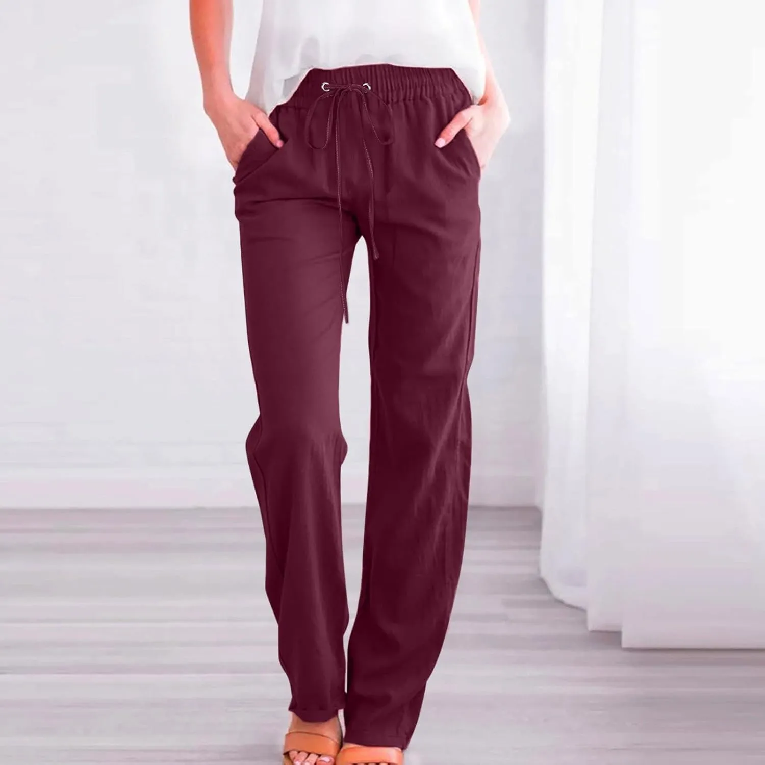 Womens Cotton Linen Casual Pants Straight Leg Drawstring Casual Elastic High Waist Loose Comfy Palazzo Trousers with Pockets
