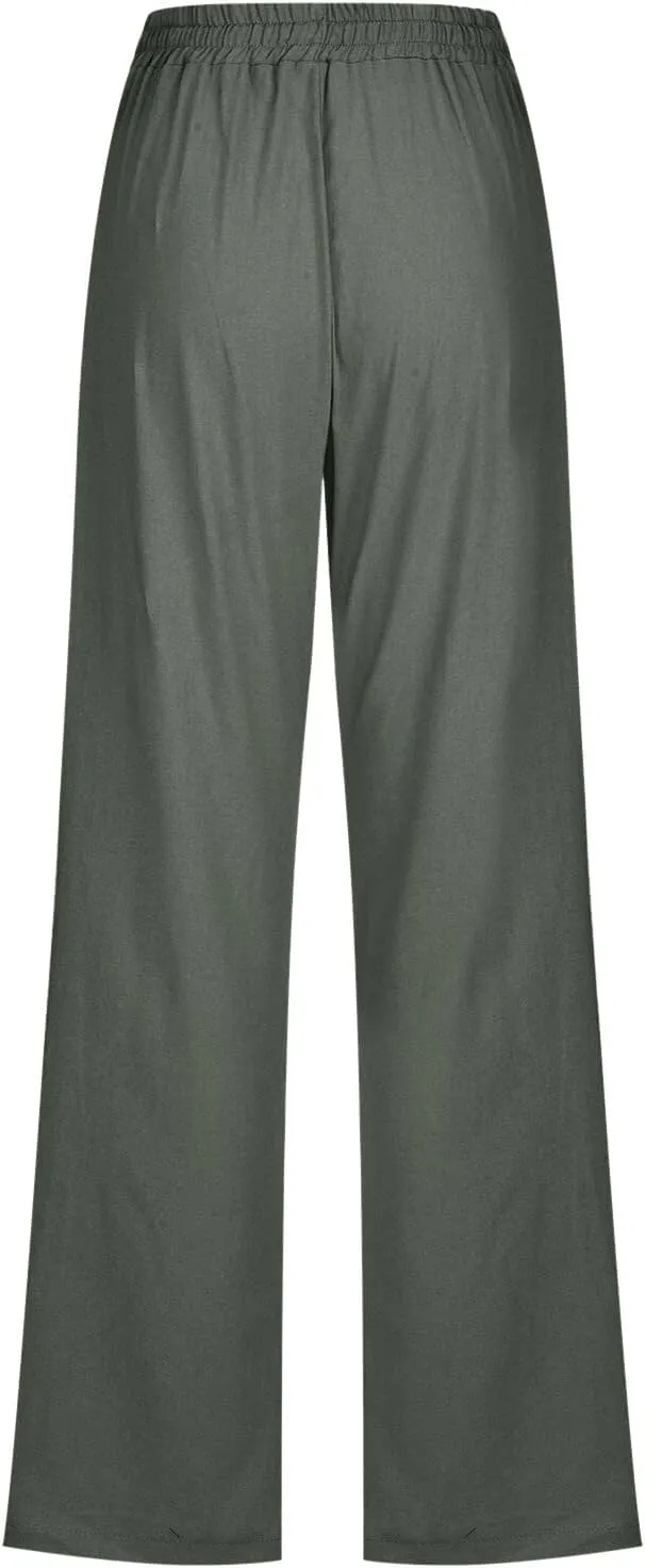 Womens Cotton Linen Casual Pants Straight Leg Drawstring Casual Elastic High Waist Loose Comfy Palazzo Trousers with Pockets