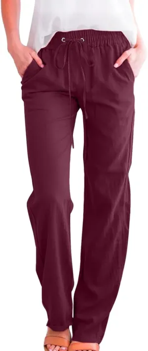 Womens Cotton Linen Casual Pants Straight Leg Drawstring Casual Elastic High Waist Loose Comfy Palazzo Trousers with Pockets
