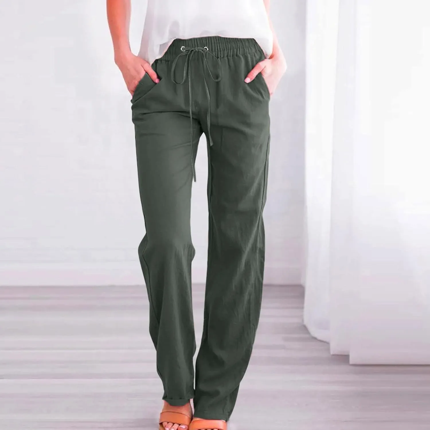 Womens Cotton Linen Casual Pants Straight Leg Drawstring Casual Elastic High Waist Loose Comfy Palazzo Trousers with Pockets