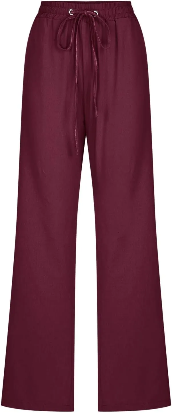 Womens Cotton Linen Casual Pants Straight Leg Drawstring Casual Elastic High Waist Loose Comfy Palazzo Trousers with Pockets