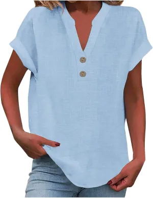 Womens Cotton Linen Shirts Button V Neck T Shirts Rolled Short Sleeve Tops Casual Summer Blouses Tshirt Shirts