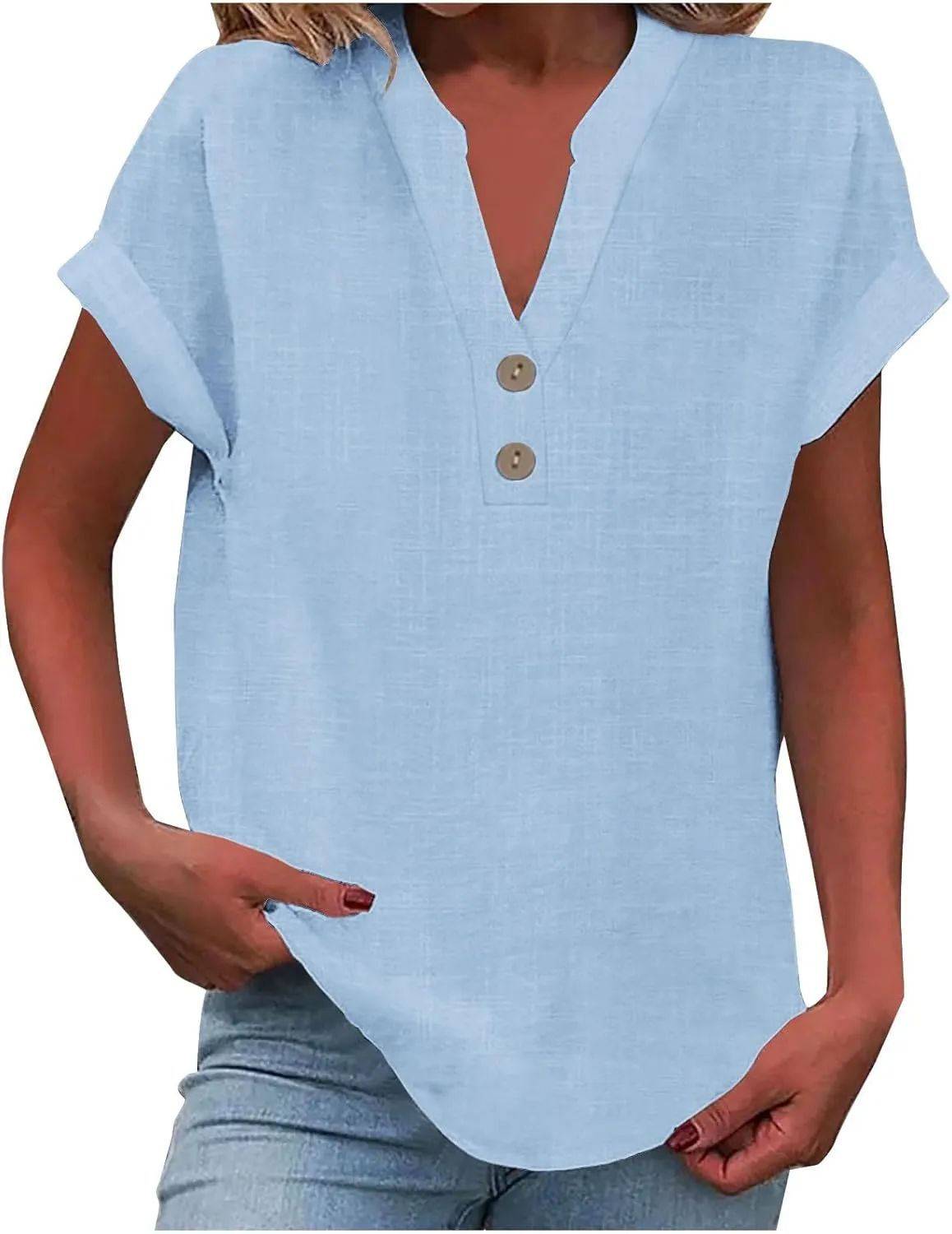 Womens Cotton Linen Shirts Button V Neck T Shirts Rolled Short Sleeve Tops Casual Summer Blouses Tshirt Shirts