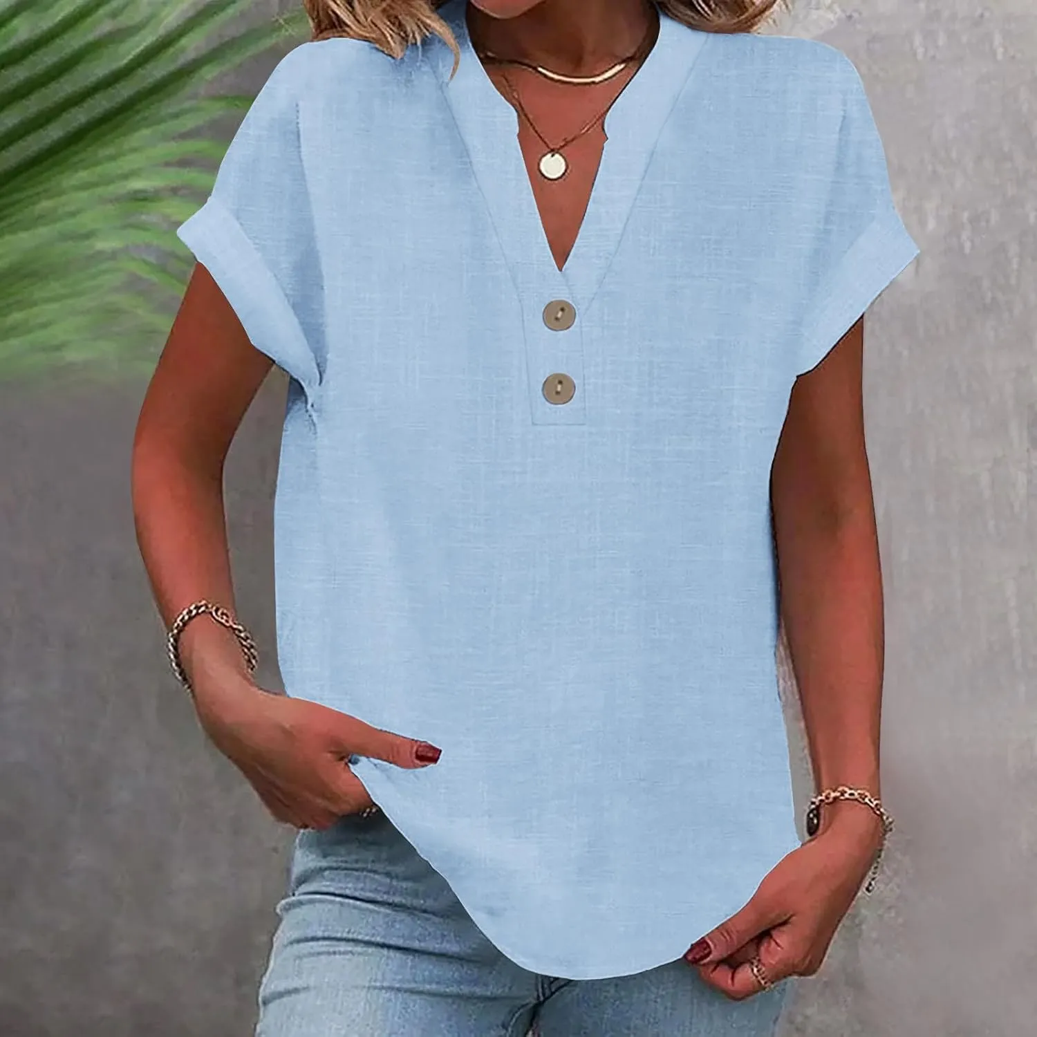 Womens Cotton Linen Shirts Button V Neck T Shirts Rolled Short Sleeve Tops Casual Summer Blouses Tshirt Shirts