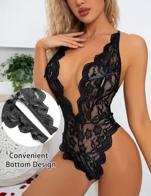 Women's Deep V Lace Babydoll Lingerie - Adjustable Teddy & Sheer Design, (Black/Red/Purple) | Sensual Nightwear
