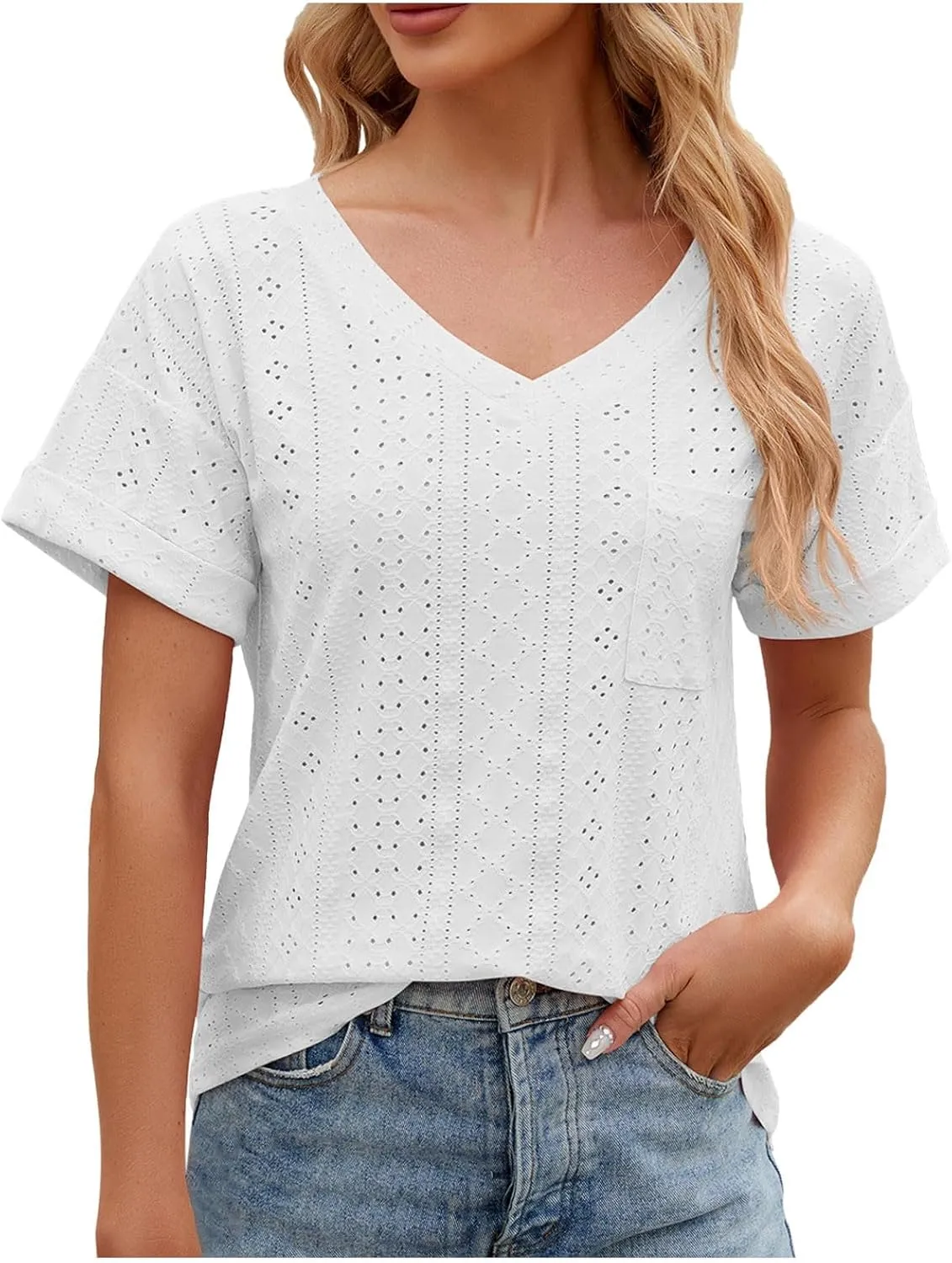 Womens Fashion Casual Tank Top V Neck T Shirts Summer Lace Sleeve Casual Loose T Plus Size Extra Long Tops for