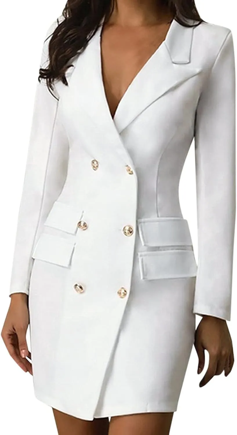 Women's Fashion Double Breasted Trench Coat Solid Color Slim Jacket Pocket Decoration Long Dress Tan Fleece