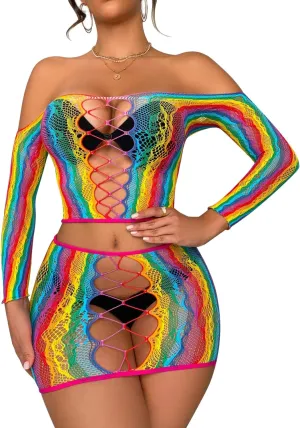 Women's Fishnet Lingerie Set for Women Sparkly Rhinestone Off Shoulder Two Piece Lingerie Set Stripper Outfit