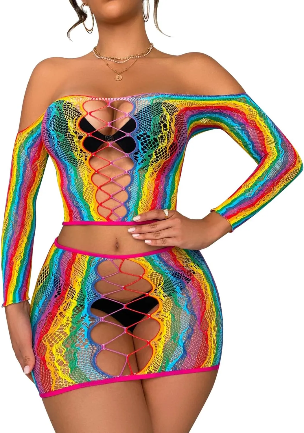 Women's Fishnet Lingerie Set for Women Sparkly Rhinestone Off Shoulder Two Piece Lingerie Set Stripper Outfit