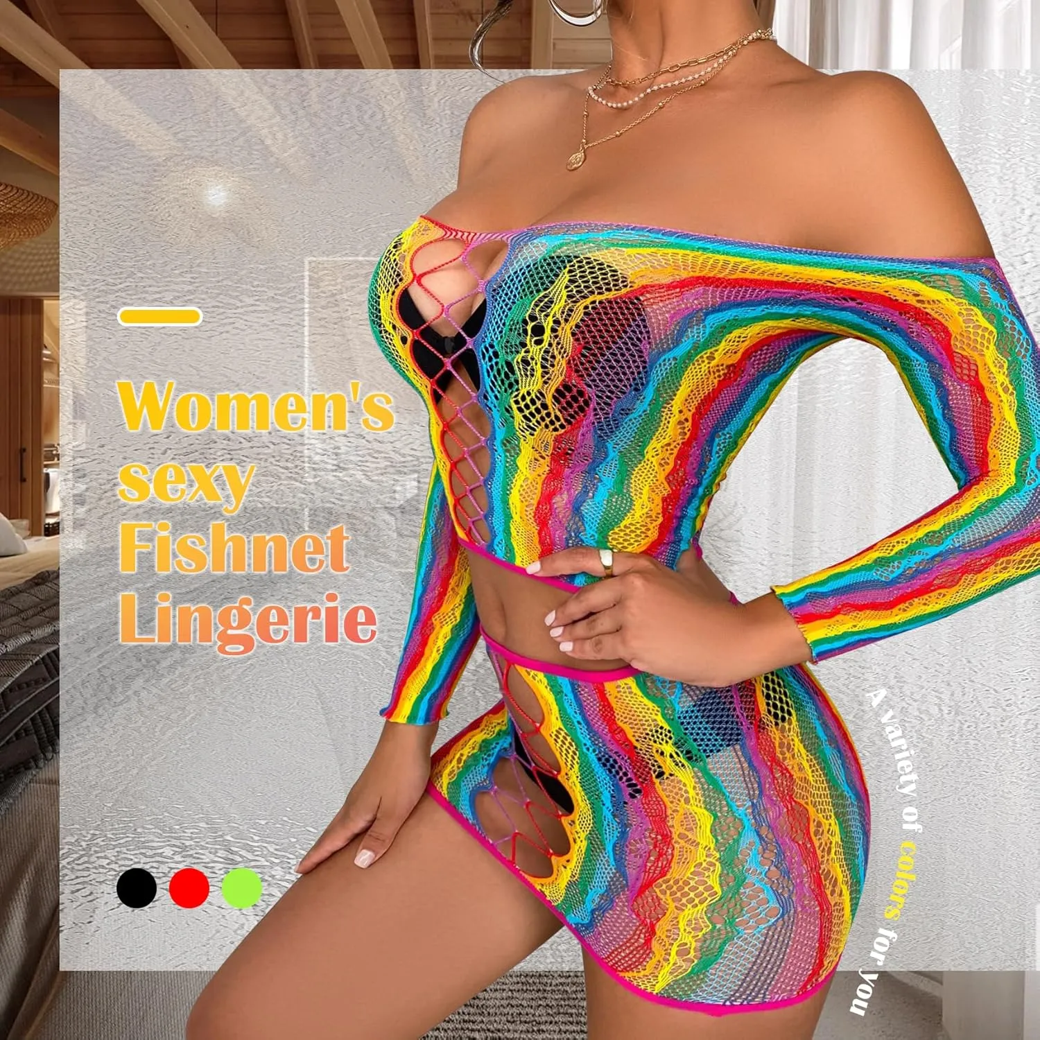 Women's Fishnet Lingerie Set for Women Sparkly Rhinestone Off Shoulder Two Piece Lingerie Set Stripper Outfit