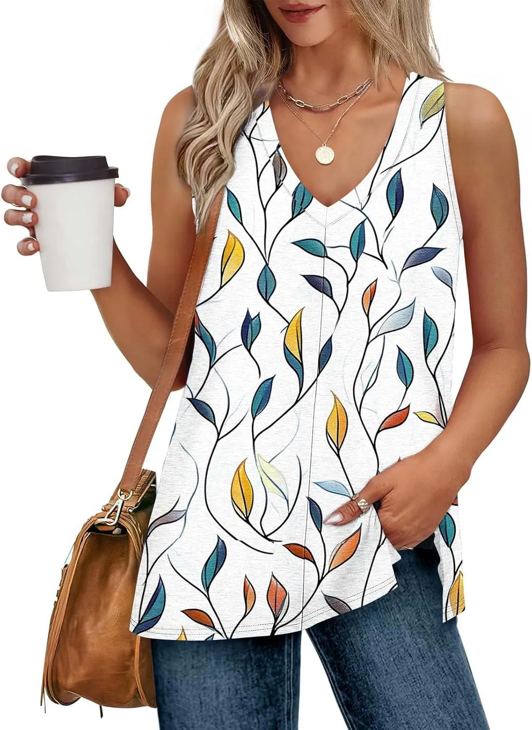 Womens Floral Print Beach Tank Tops V Neck Loose Fit Basic Tees Casual Summer Tops Side Split Sleeveless Shirts