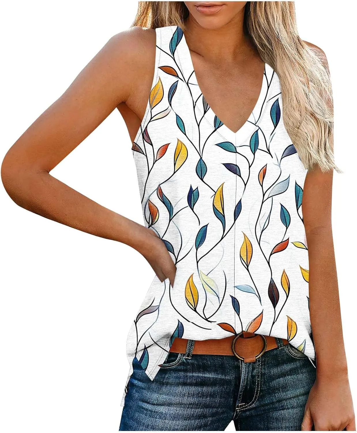 Womens Floral Print Beach Tank Tops V Neck Loose Fit Basic Tees Casual Summer Tops Side Split Sleeveless Shirts