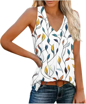 Womens Floral Print Beach Tank Tops V Neck Loose Fit Basic Tees Casual Summer Tops Side Split Sleeveless Shirts