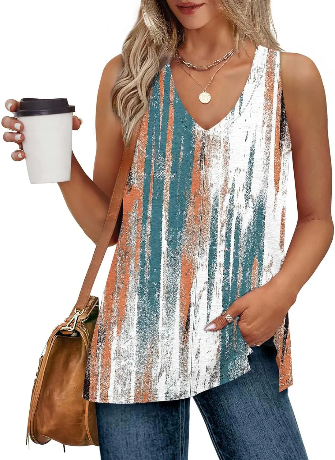 Womens Floral Print Beach Tank Tops V Neck Loose Fit Basic Tees Casual Summer Tops Side Split Sleeveless Shirts
