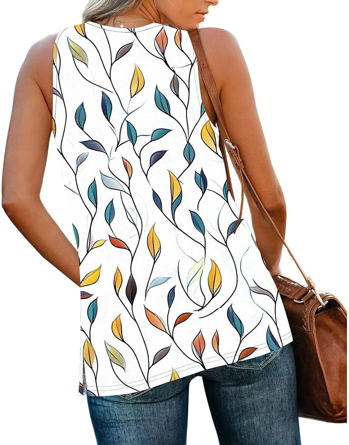 Womens Floral Print Beach Tank Tops V Neck Loose Fit Basic Tees Casual Summer Tops Side Split Sleeveless Shirts