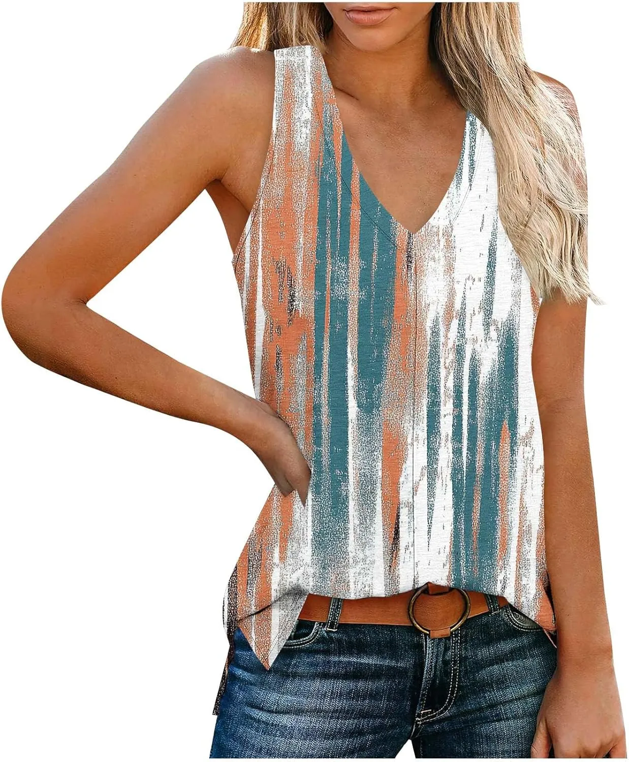 Womens Floral Print Beach Tank Tops V Neck Loose Fit Basic Tees Casual Summer Tops Side Split Sleeveless Shirts