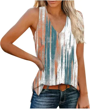 Womens Floral Print Beach Tank Tops V Neck Loose Fit Basic Tees Casual Summer Tops Side Split Sleeveless Shirts