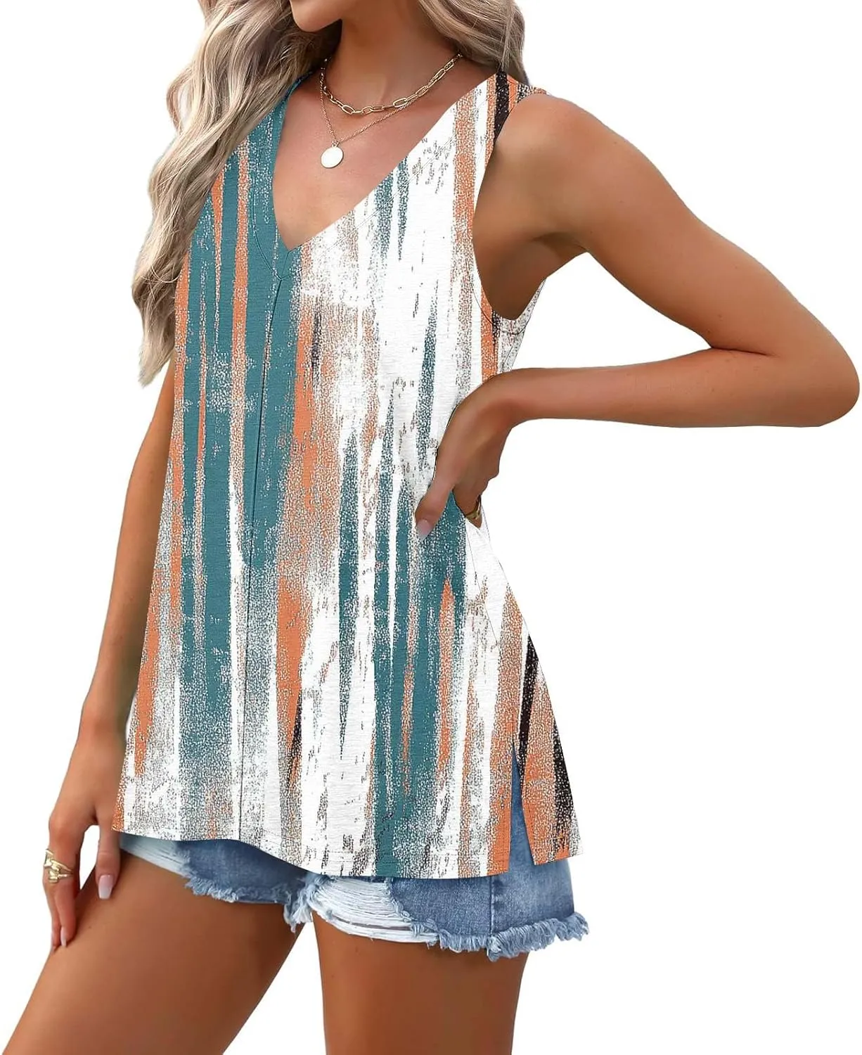 Womens Floral Print Beach Tank Tops V Neck Loose Fit Basic Tees Casual Summer Tops Side Split Sleeveless Shirts