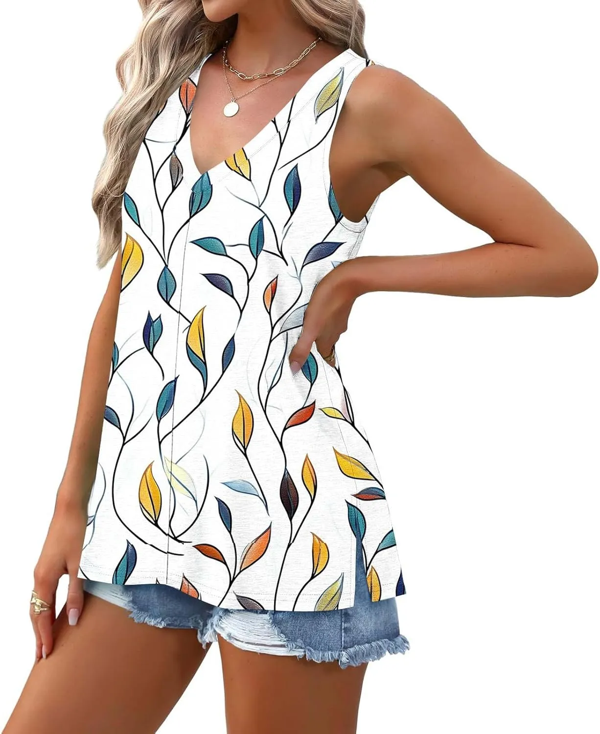 Womens Floral Print Beach Tank Tops V Neck Loose Fit Basic Tees Casual Summer Tops Side Split Sleeveless Shirts