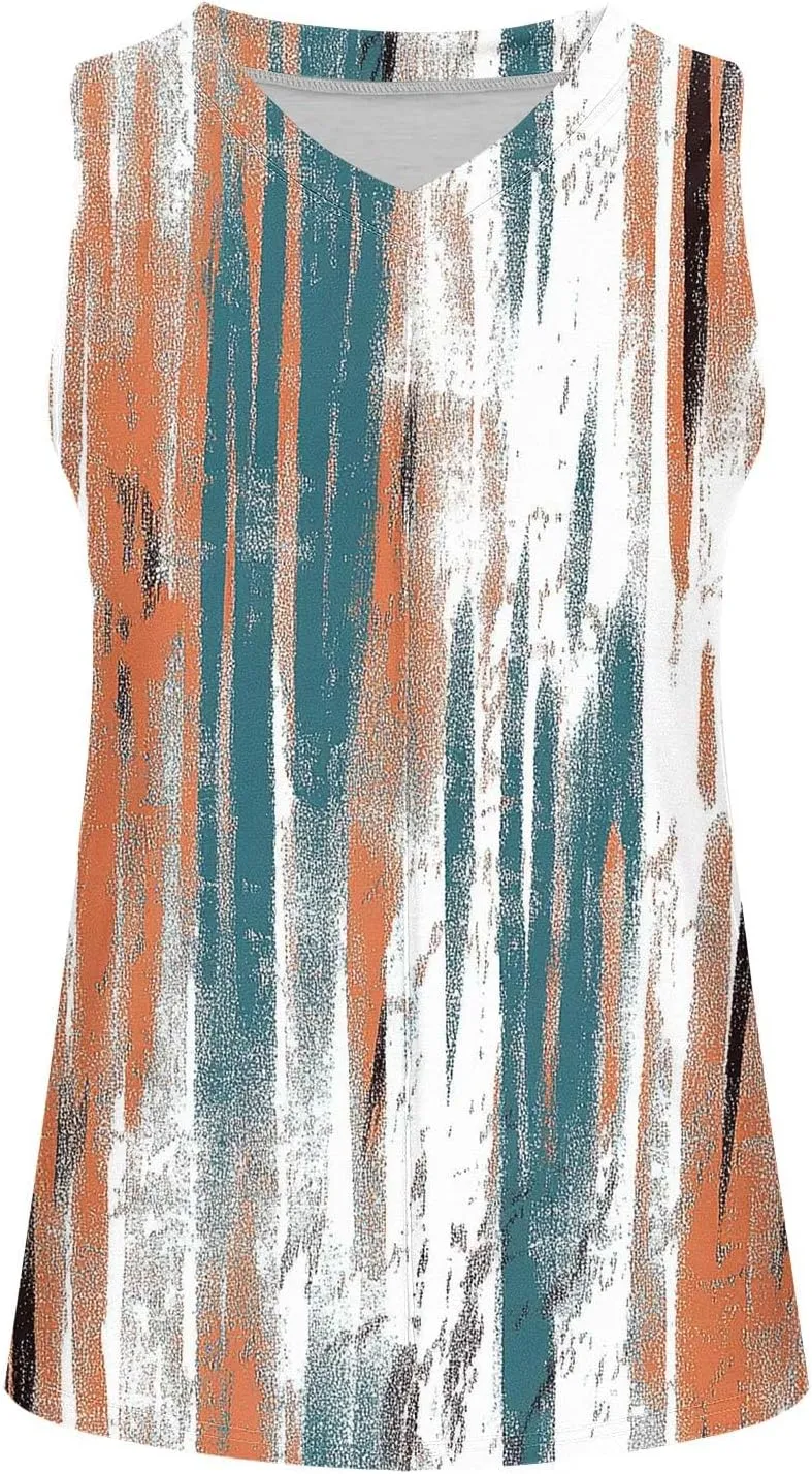 Womens Floral Print Beach Tank Tops V Neck Loose Fit Basic Tees Casual Summer Tops Side Split Sleeveless Shirts