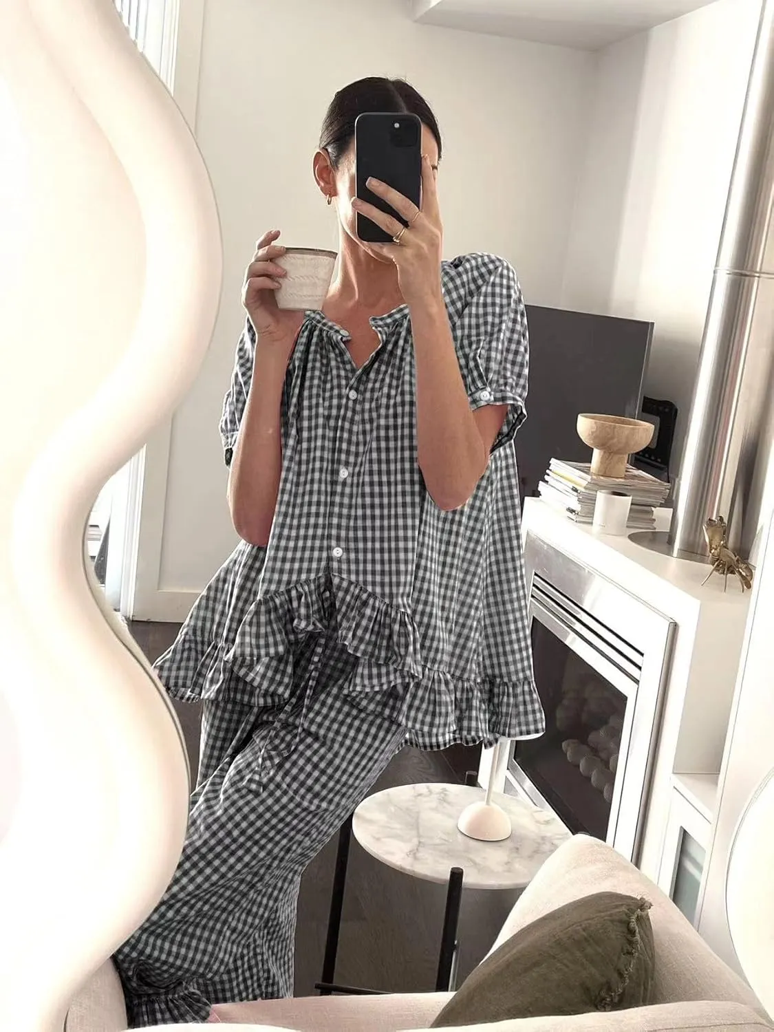 Womens Gingham Pajama Set 2 Piece Short Sleeve Babydoll Shirt and Pants Lounge Set Cute Sleepwear
