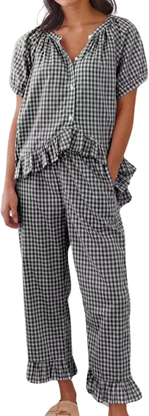 Womens Gingham Pajama Set 2 Piece Short Sleeve Babydoll Shirt and Pants Lounge Set Cute Sleepwear